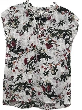 Tamara H Floral Textured Ruffle Sleeve Blouse White Multicolor XL